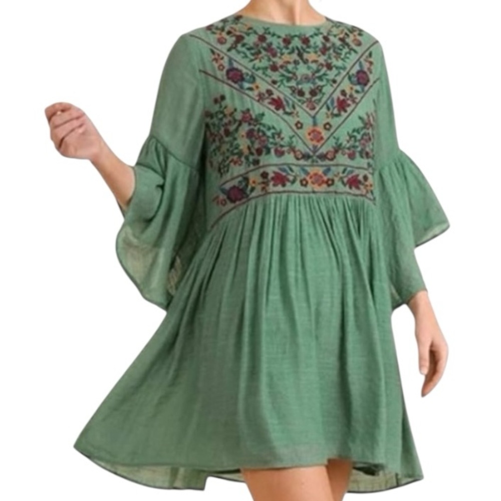 Umgee Boho Bliss Ruffled Bell Sleeve Embroidered Babydoll Tunic Dress Size Med